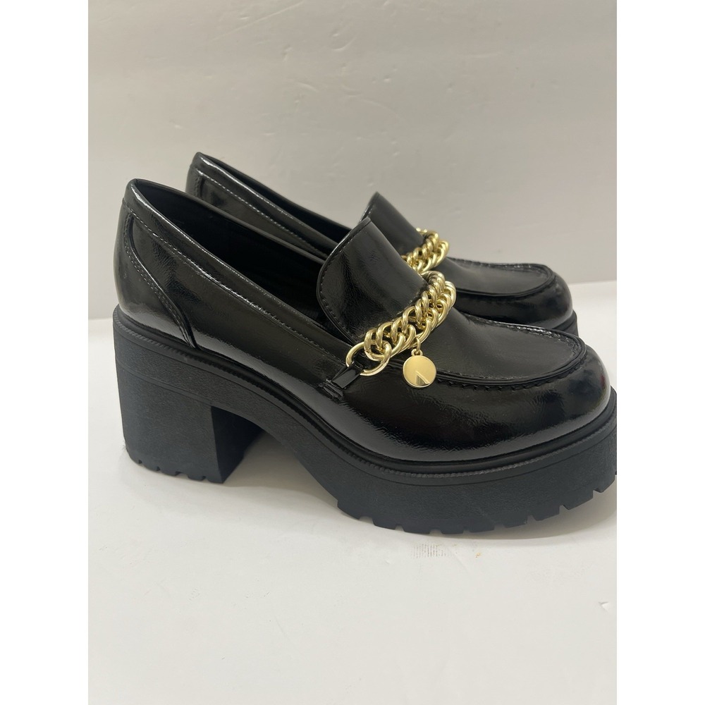Soda Chunky Black Platform Loafers Black Gold Chain Accent W/Charm Women's 9.5M